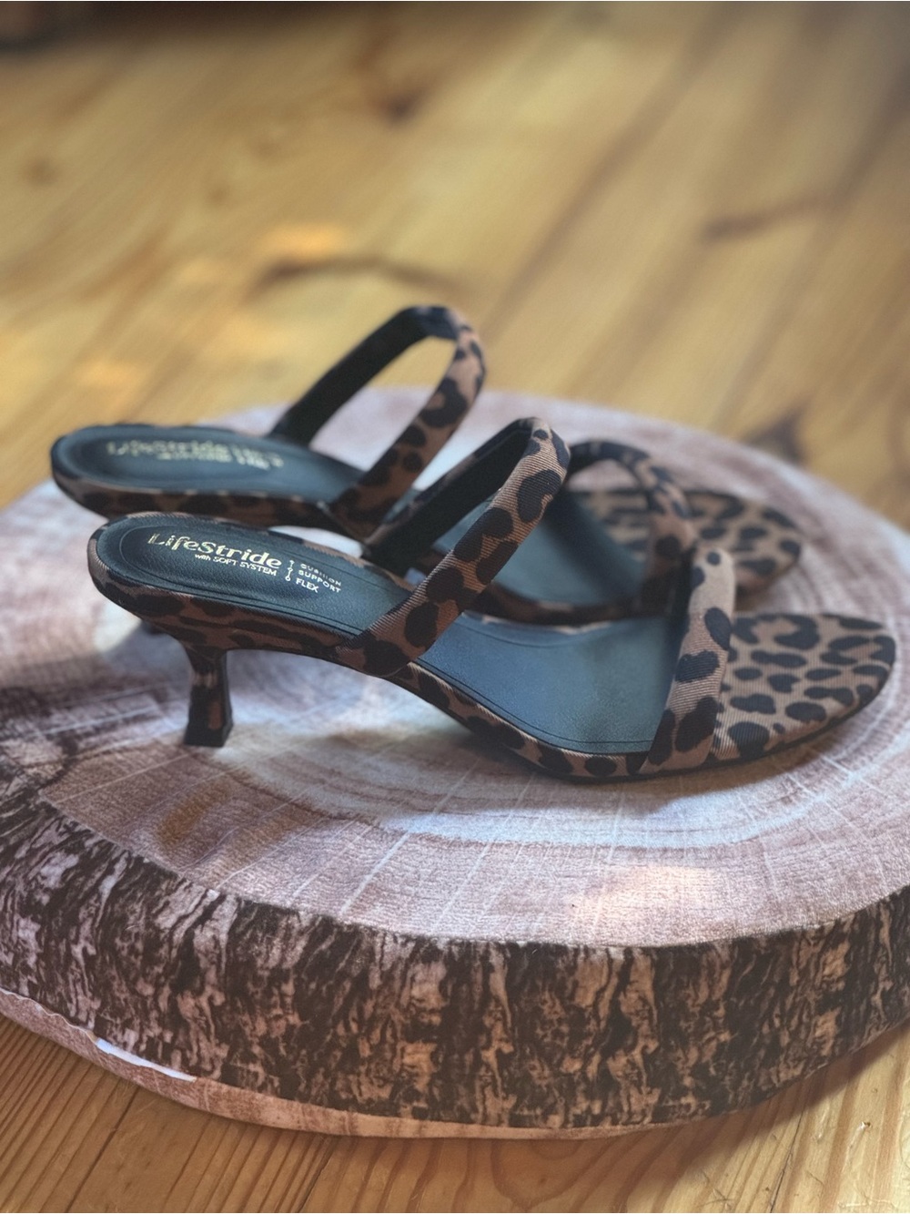 NWOT Life Stride Leopard Print Kitten Heel Sandals - Tan and Black